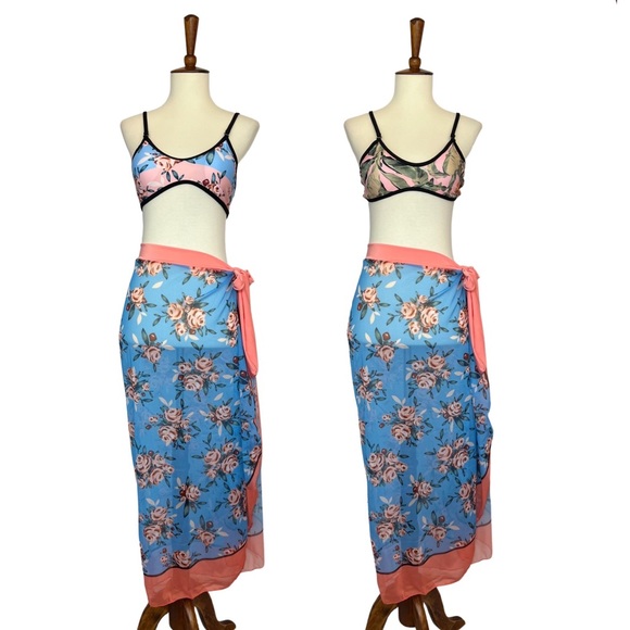 Boho Pink and Blue Floral Sarong Beach Skirt - Picture 11 of 14